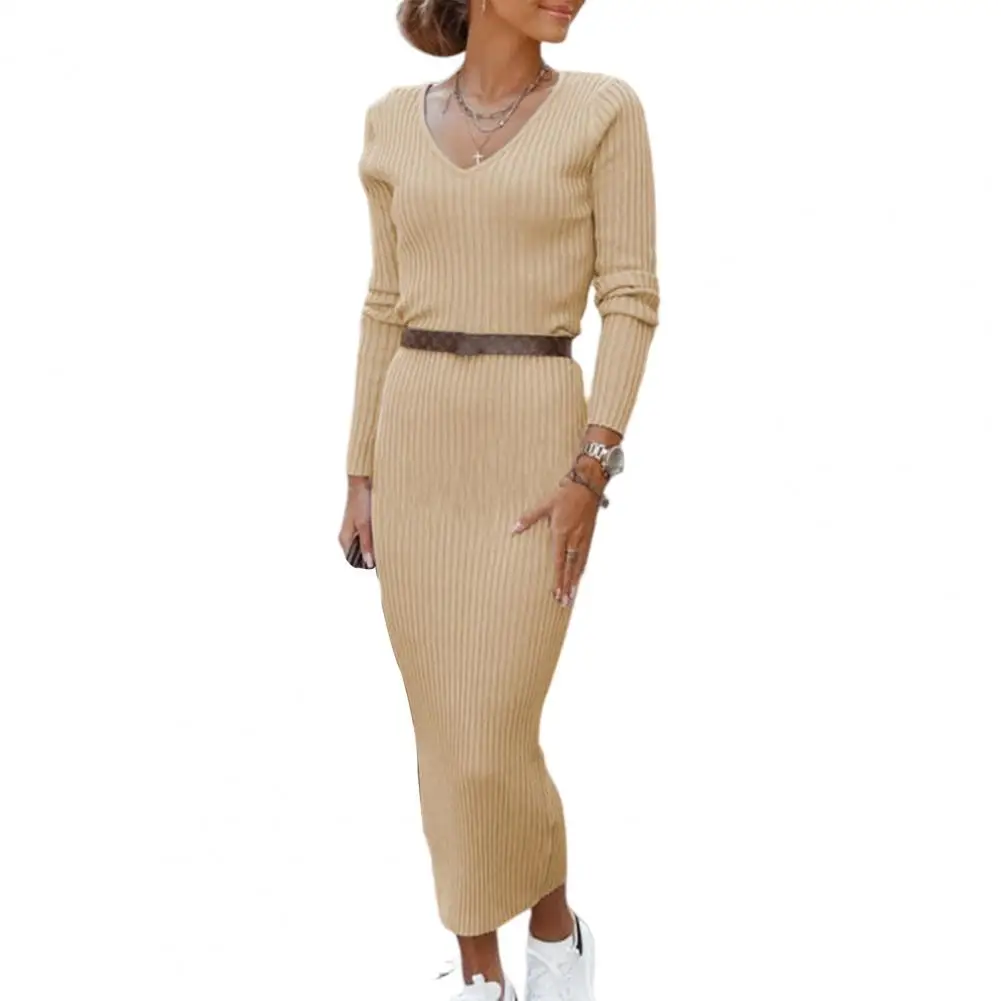 

Women Sweater Dress Ankle-Length Dress Temperament Pure Color Pullover Knitted Pencil Dress