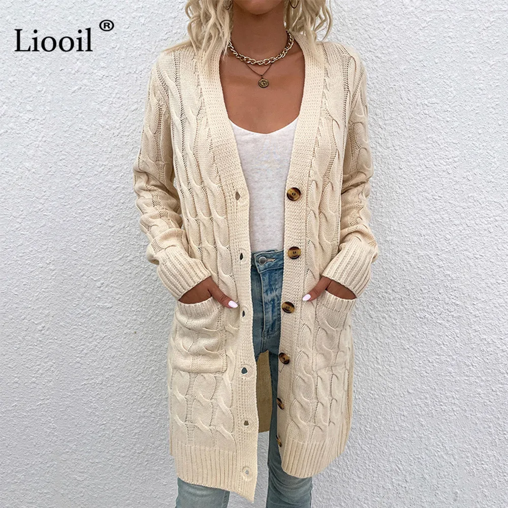 

Liooil Sexy Button Up Cardigan Female Knitted Sweater With Pockets Autumn 2021 Long Sleeve Streetwear Knitwear Sweaters Coats