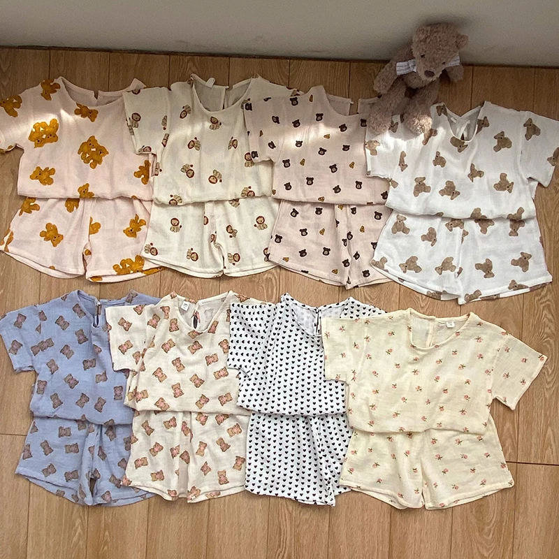 

MILANCEL 2022 Summer New Kids Clothes Children's Gauze Short Sleeve Shorts Set Bear Home Wear Suit