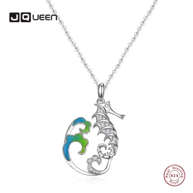 

JQUEEN Seahorse Animal Sea Theme Enamel 925 Sterling Silver Choker Necklace Women White Gold Zircon Wedding Necklace