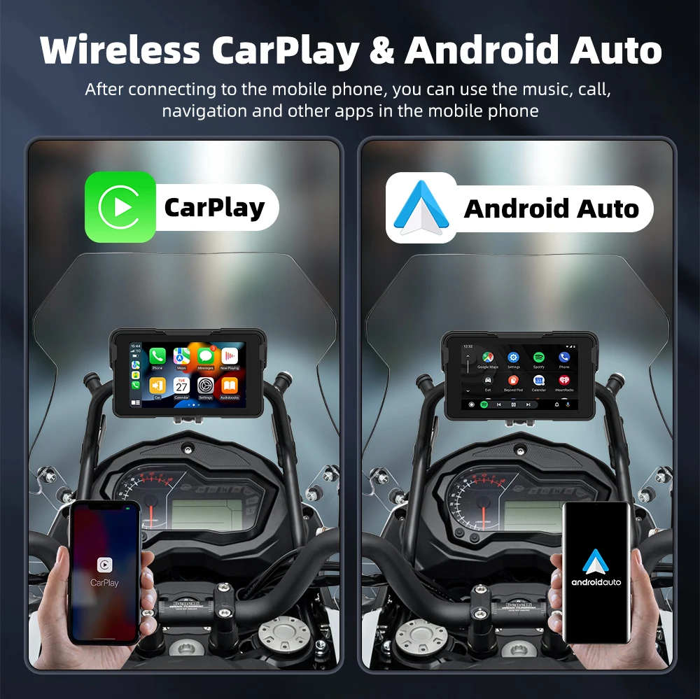 Фото EKIY IP 67 18-язычный WIFI BT5.0 мотоциклетный CarPlay 5-дюймовый беспроводной экран с поддержкой Android Auto, навигация для мотоциклов с TPMS №4