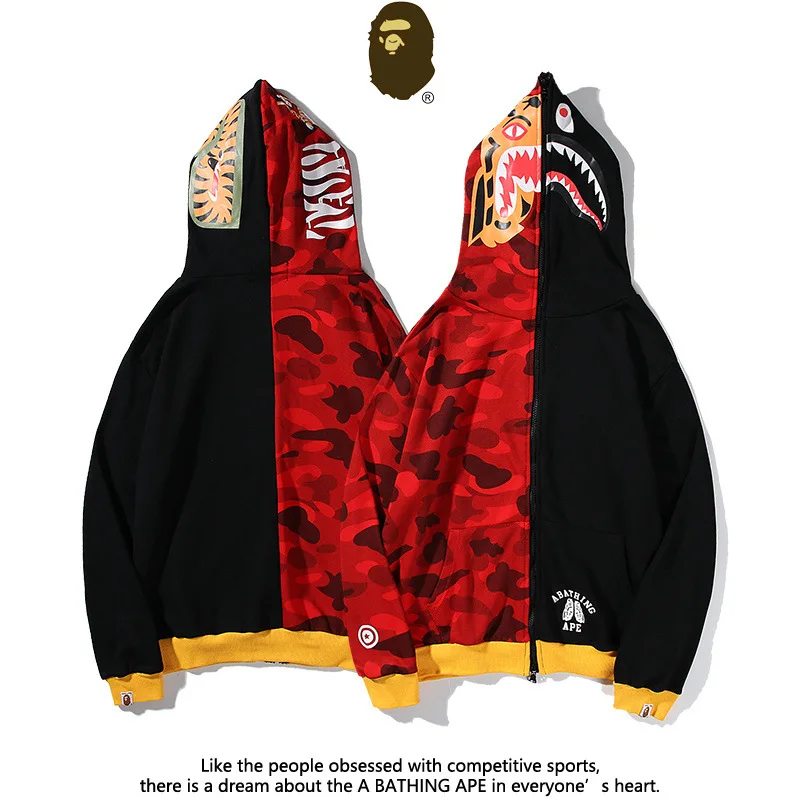 

BAPE, толстовка на молнии с изображением акулы, джинсовый кардиган синего цвета с капюшоном в стиле пэчворк, свитшот с карманами-кенгуру, мужс...