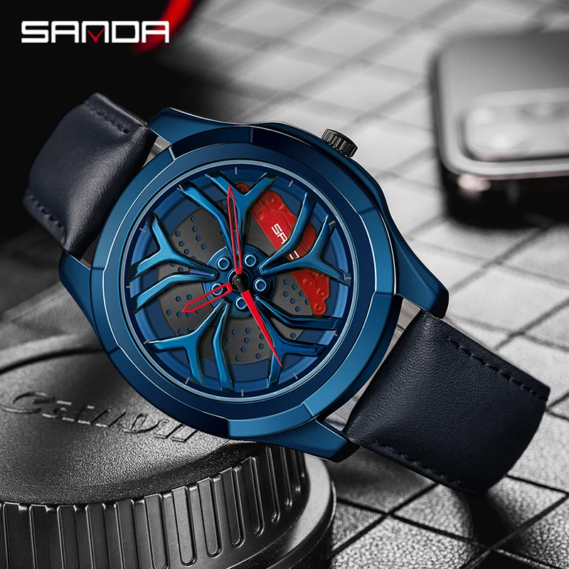 

Мужские наручные часы SANDA с кожаным ремешком, роскошные дизайнерские водонепроницаемые с вращающимся циферблатом, с колесами