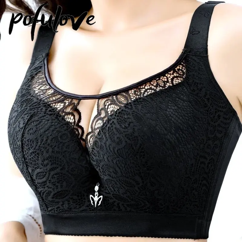 

Plus Size Bra Women Gather Thin Lace Cut-out Bras Steel Ring Black D E Cup Underwear Sexy Lingerie Push Up Bralette Dropshipping