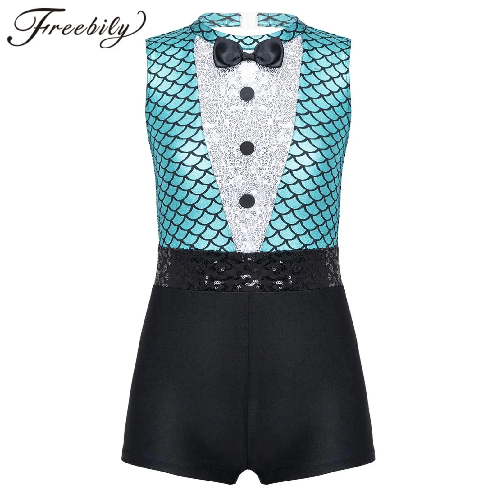 

Kids Girls Sleeveless Fish Scales Sequins Gymnastic Unitard Ballet Dance Leotard Childs Gentleman Performance Costume Dancewear