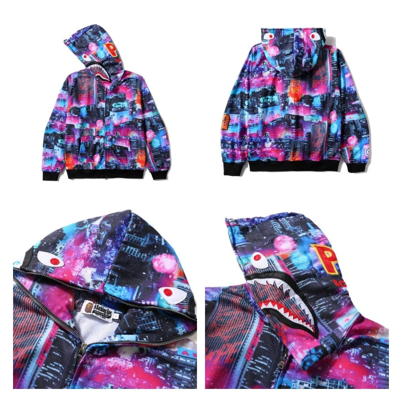 

Tide Brand Tokyo Night View Shark Head Sweater Men and Women Fashion Design Sports Hoodie 3D Printing Zipper Sweater Sweater