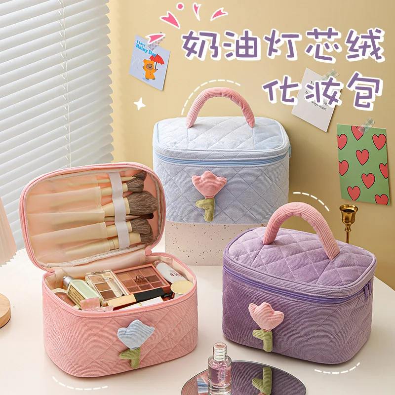 

Fashion Women's Tulip Flowers Pouch Large Capacity Travel Cosmetic Bag Corduroy Zipper Bags Portable Storage Make Up Organizer