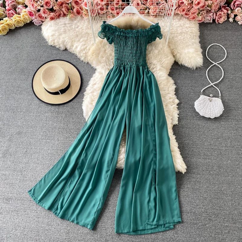 

Summer New Jumpsuits For Women Enteritos Mujer 2022 Sexy High Waist Thin Ruffle Elastic One Shoulder Long Wide Leg Jumpsuit Lady