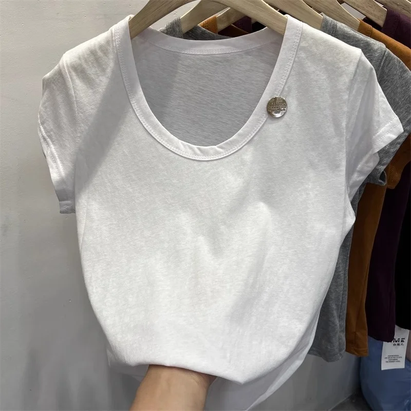 Женская футболка из чистого хлопка с коротким рукавом однотонная U-образным