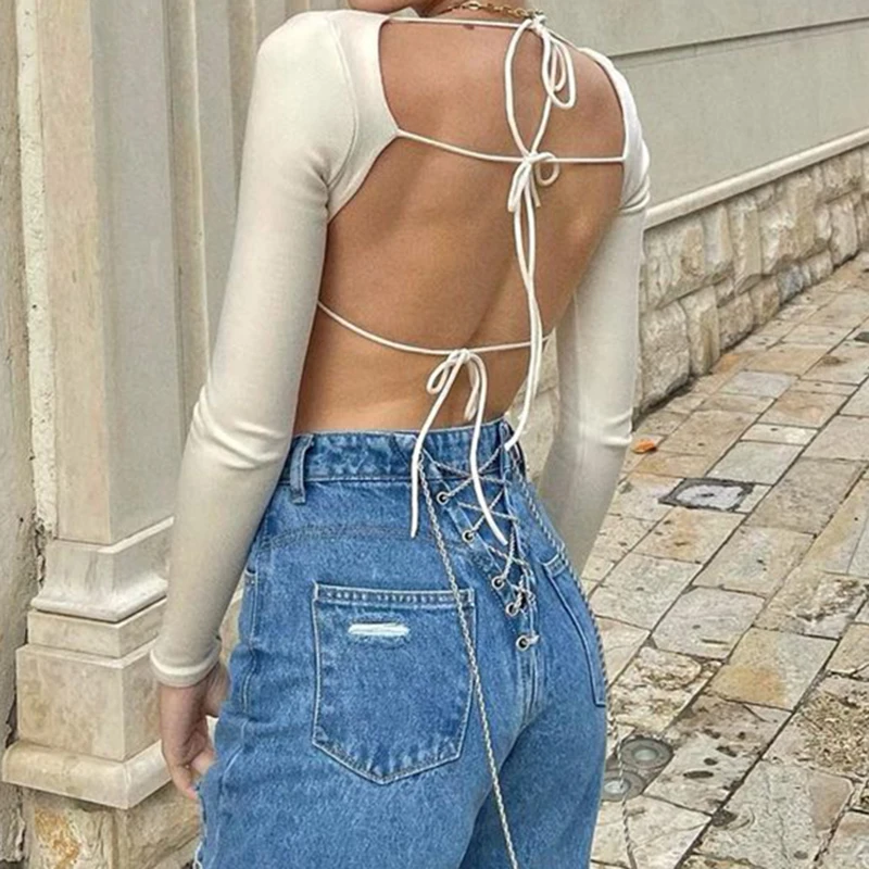

Women's Summer Slim Fit Lace-up Crop Tops Solid Color Long Sleeve Backless Hollow Out Street Short T-shirts
