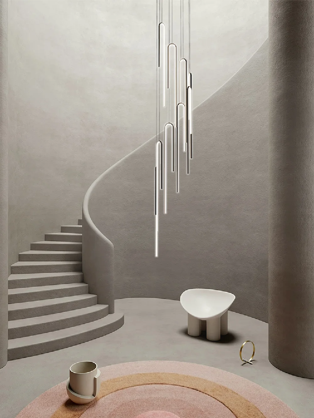 

Modern LED Long Chandelier Spiral Stairs Living Room Villa Nordic Creative Duplex Hall Black Indoor Decor U-Shaped Hanging Lamp