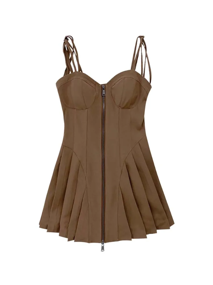 

Mini Dress Women Sexy Sleeveless Solid Slim Party V-neck Spaghetti Strap Dresses Fashion Vintage Zipper A-line Vestidos Female
