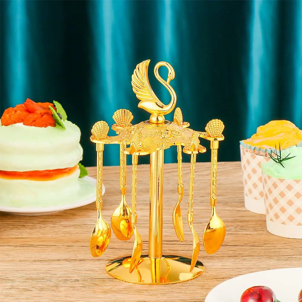 

Gold Swan Base Holder Creative and Cute Tableware Swan Coffee Spoon Set Teaspoons Dessert Scoop Fruit Spoon