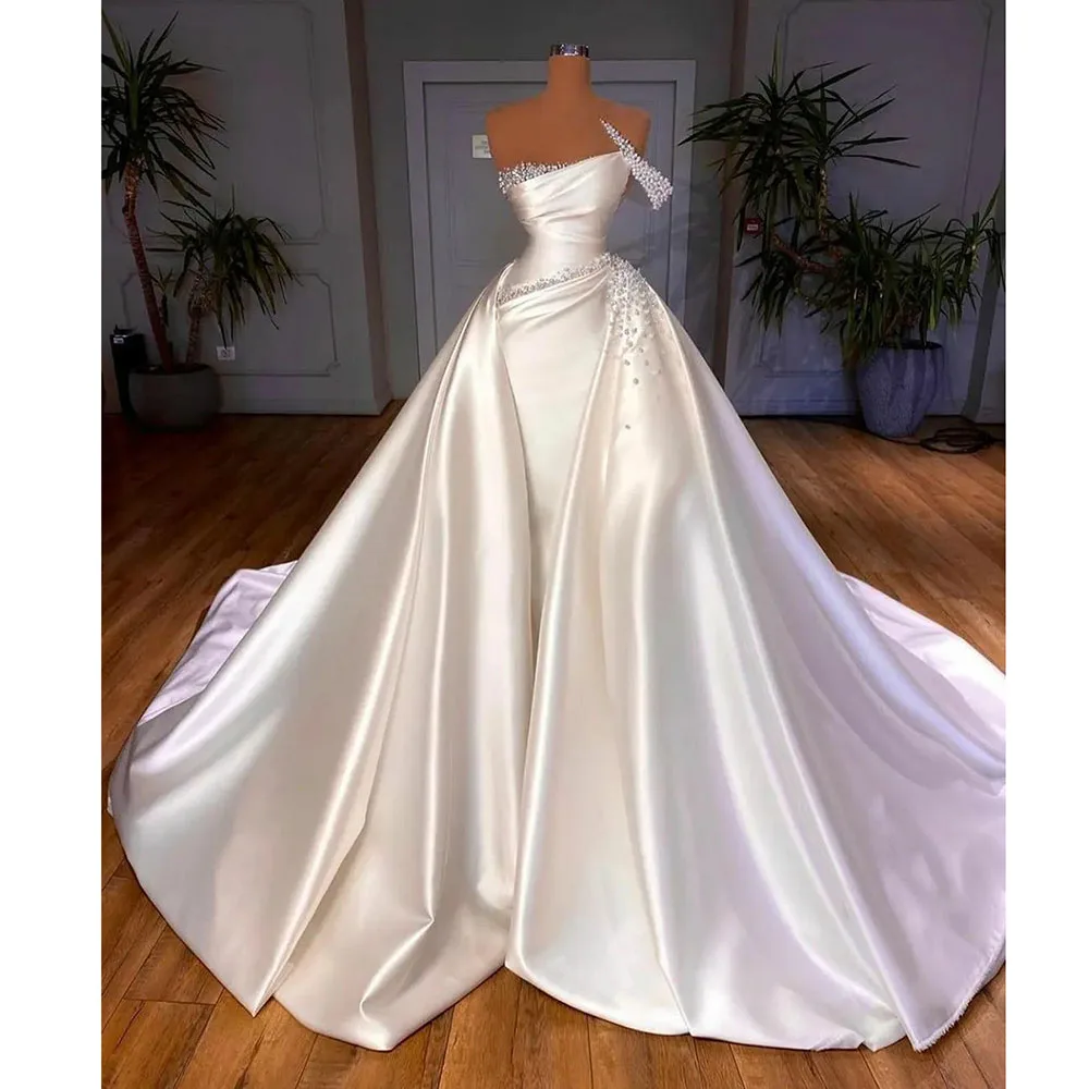 

Vestidos Satin Church Wedding Dresses Elegant Vintage One Shoulder Beads Wedding Bride Dresses White A Line Arabic Wedding Gowns