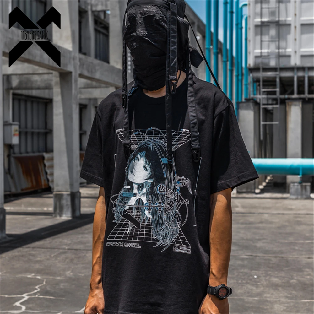 Футболка мужская с мультяшным принтом в стиле хип-хоп, свободная рубашка с короткими рукавами в японском стиле, хлопковая уличная одежда в стиле Харадзюку, черная WB706, 2022