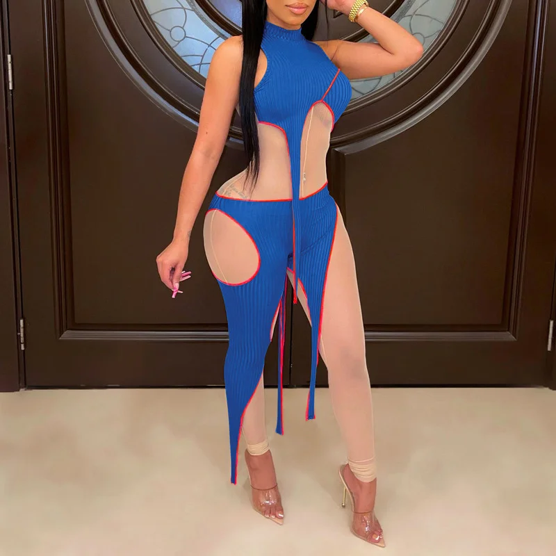 

WUHE Caged Mesh Design Jumpsuit Womens See-Through Mesh Patchwork Knit Rompers Nightclub Outfits Sexy Clubwear