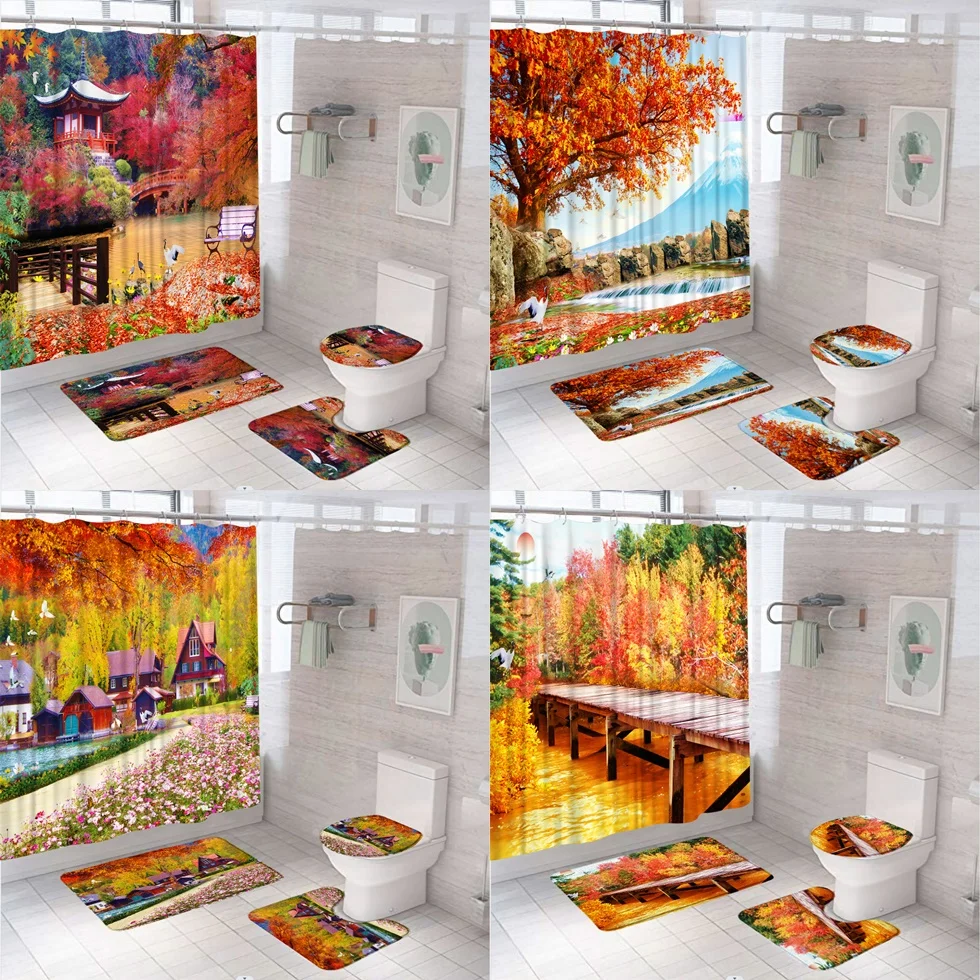 

Autumn Garden Scenery Shower Curtain Set Park Flower Yellow Fallen Leaves Bathroom Curtains Non-Slip Bath Mat Rug Toilet Covers