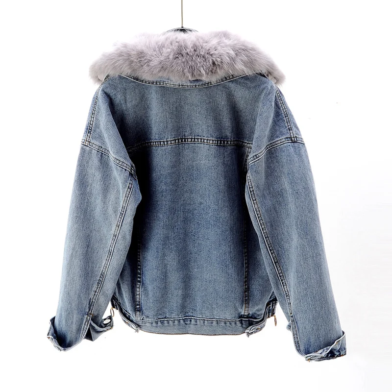 

Winter Vintage Warm Denim Coat Women Removable Fox Collar Rabbit Fur Lined Jeans Jacket Korean Loose Outerwear Female