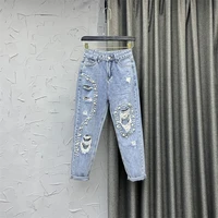 fashion womens jeans 2022 spring new ripped cool beaded diamond loose harem pants students denim pants washed jean trousers