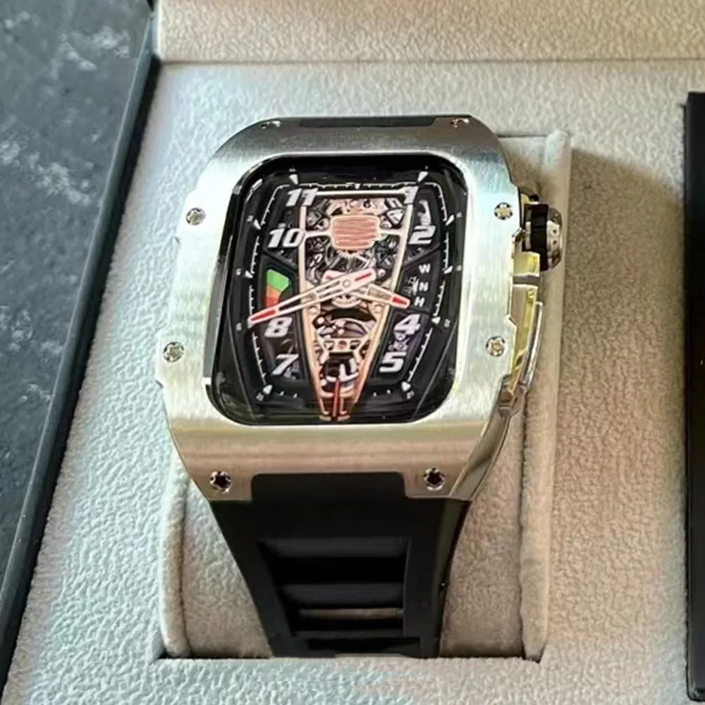 44MM 45mm Luxury Modification Kit Set for Apple Watch Series 7 Fluororubber Band Metal Case for IWatch SE 6 5 4 Diy Retrofit Kit