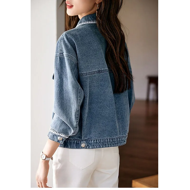 Джинсовая куртка женская новая модная вечная на весну и осень 2024 пальто с лентой