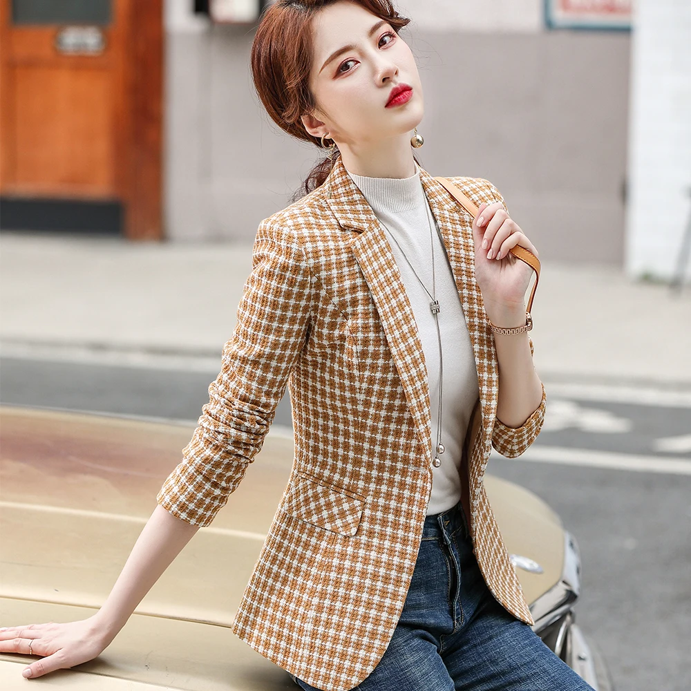 Women Fashion Casual Blazer Yellow Black Plaid Female Long Sleeve Vintage Single Button Jackets Coat Outwear