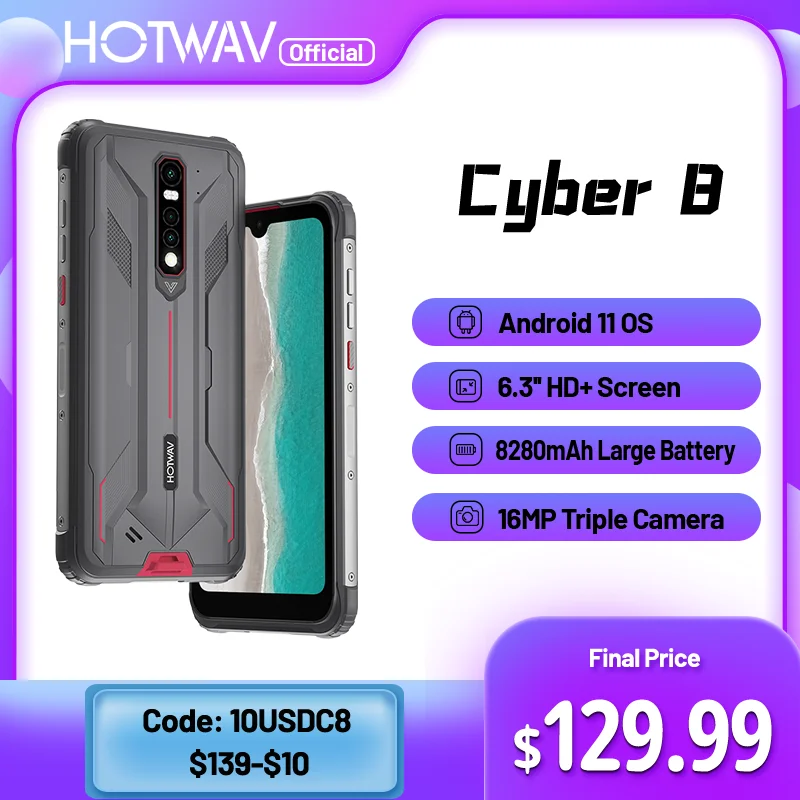 HOTWAV CYBER 8 Global Version Mobile Phone 4GB 64GB Waterproof 8280mAh 16MP Camera 6.3 Inch NFC Android 11 Rugged Smartphone