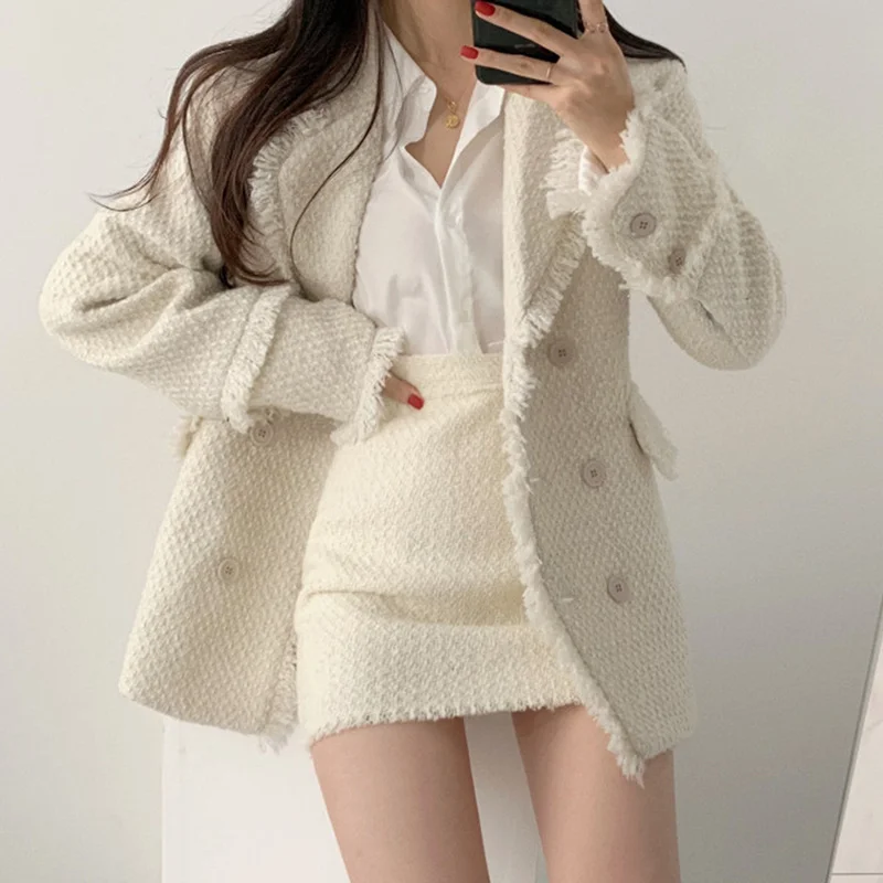 

Kio 2021 Winter Autumn Women Korea Retro Temperament Lapel Double-Breasted Thick Ttweed Jacket High Waist Bag Hip Skirt