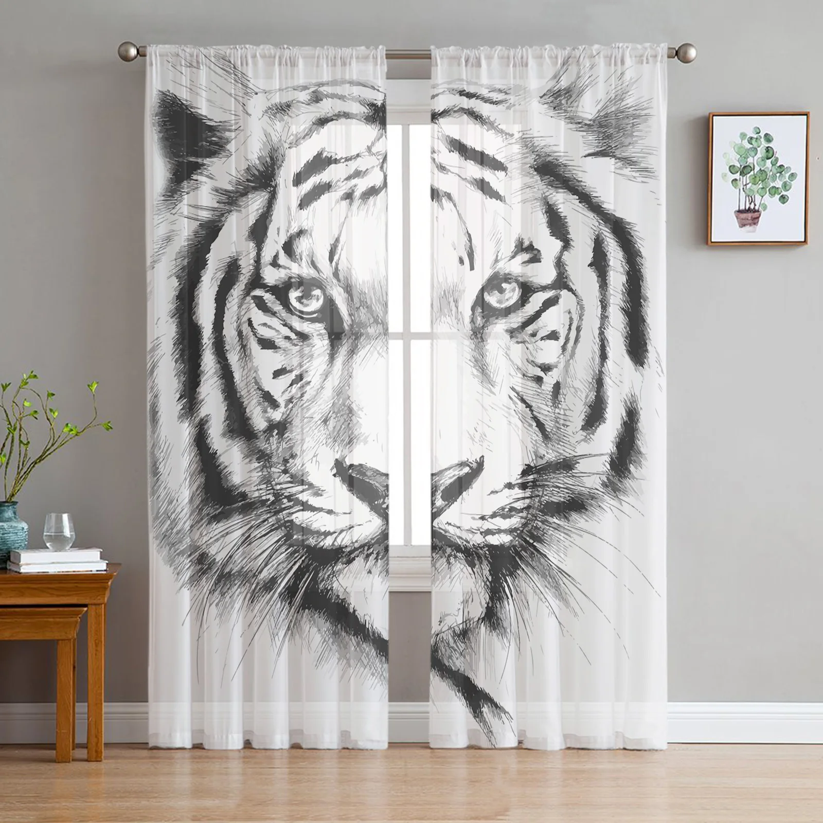 

White Tiger Animal Tiger Head Sheer Curtains for Bedroom Living Room Voile Window Curtains Tulle Curtains for Kids Room