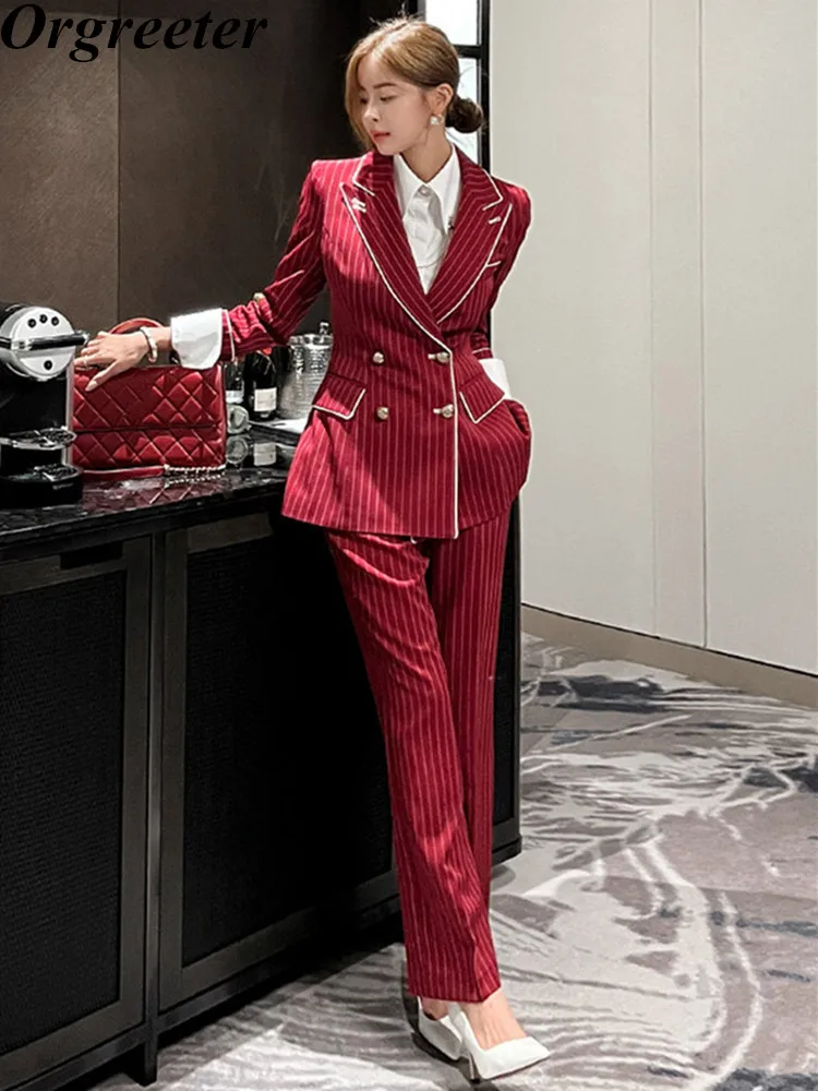 

Женский деловой костюм из двух предметов, элегантный деловой блейзер в полоску для офиса и работы, комплект из двух предметов, модные брючные костюмы