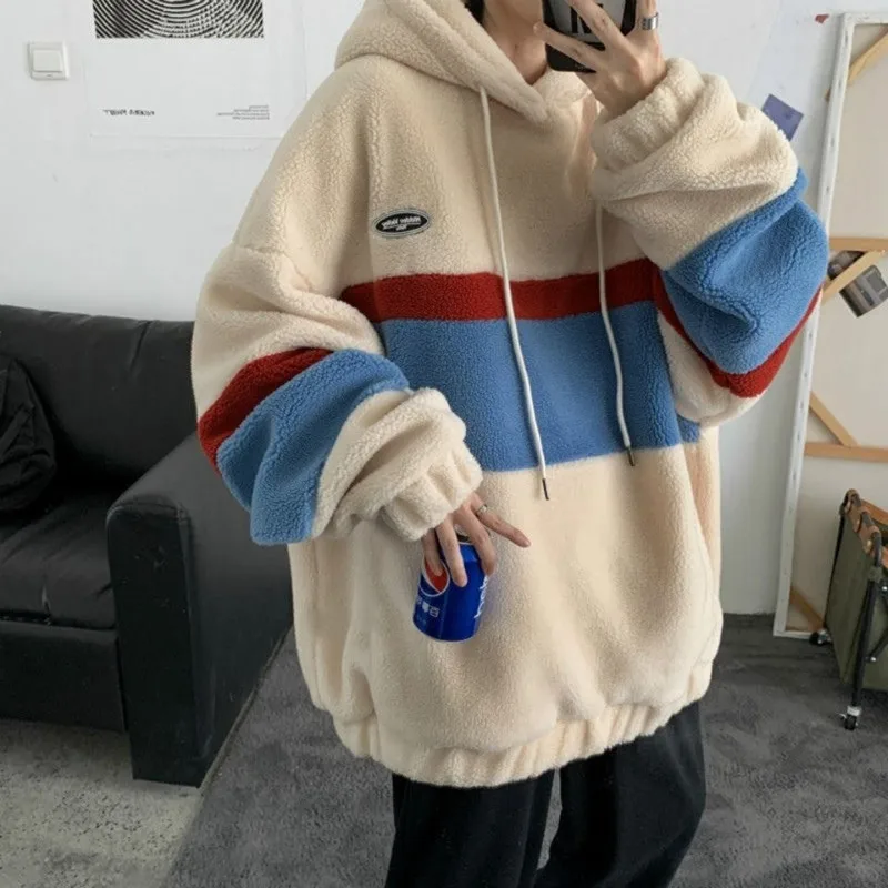

Japan Student Hooded Hoodies Fleece Casual Korea Sweatshirts Loose Pullover Style Stripe Coats Tops Fashion Men Patchwork Male