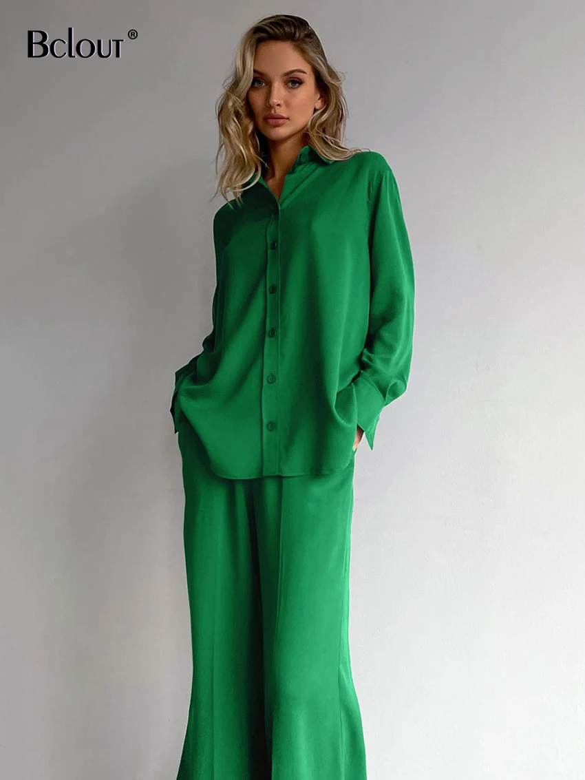 

Комплект Bclout женский из 2 предметов, элегантный зеленый костюм с длинным рукавом, розовая рубашка, модные плиссированные длинные брюки с выс...
