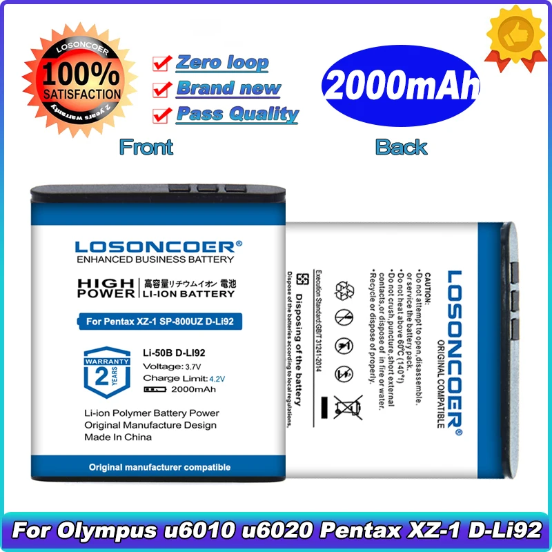 2000 мА/ч, Li-50B Li ion аккумулятор 50B Батарея для цифровой камеры Olympus U6010 U6020 Pentax XZ-1 SP-800UZ D-Li92 MJU 1010 1020 TG810 VR-340 SZ10 XZ-10,XZ10