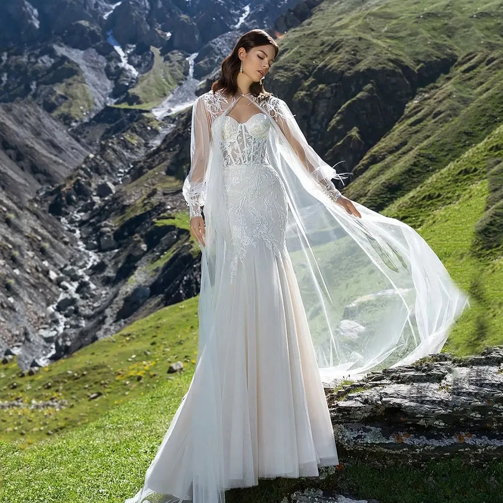 

Msikoods Luxury Lace Mermaid Bridal Gowns White Cape Long Sleeves Bodycon Boho 2023 Bride Wedding Dresses vestidos de novia