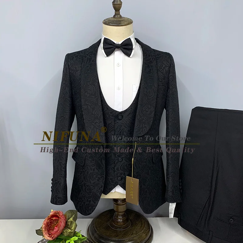 

Мужской свадебный костюм, смокинг приталенного силуэта, роскошное черное жаккардовое банкетное платье, пиджак, брюки, 3 предмета, мужской костюм из блейзера на заказ, 2022