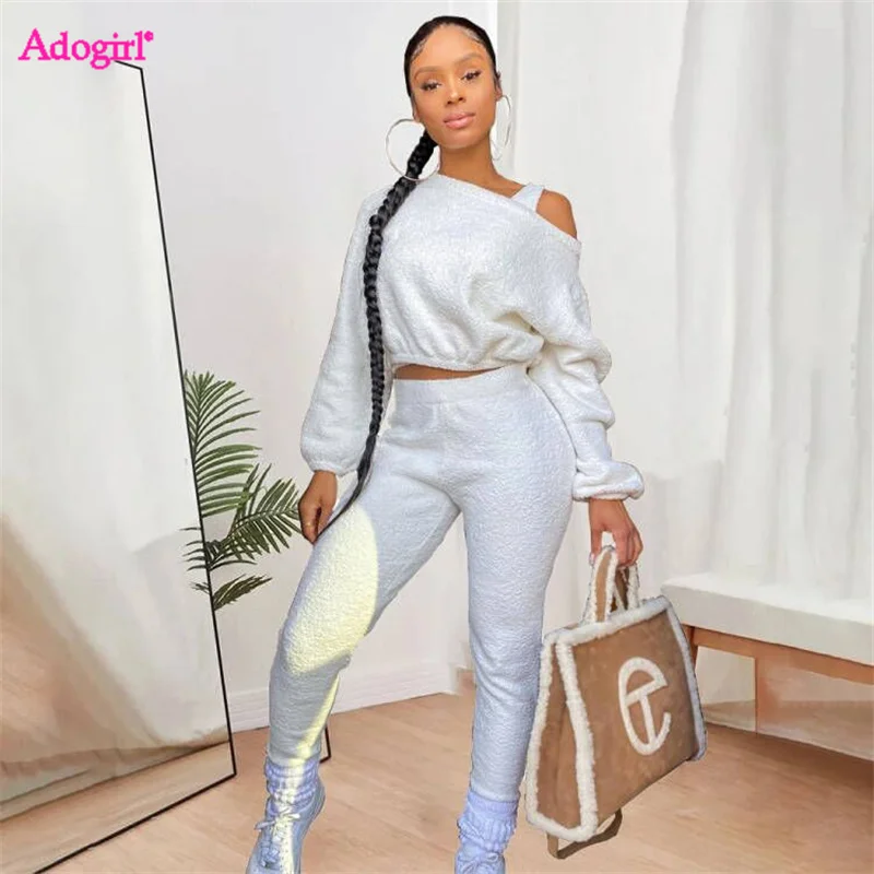

Adogirl Plush 3 Piece Set Women Outfits Off Shoulder Long Sleeve Crop Top Tank Sweat Pants Solid Casual Tracksuits Streetwear