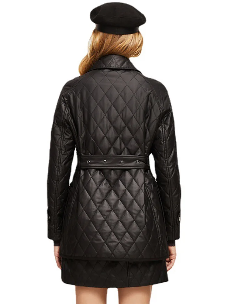 New Winter Women Casual Plaid High Waist Thick Coat Fashion Classic Lace-up Lapel Long Sleeve Cotton-padded Jacket Outerwear