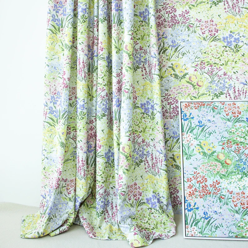 

Printed blooming wildflowers pink flowers colorful macaron girls room princess room cotton and linen curtains