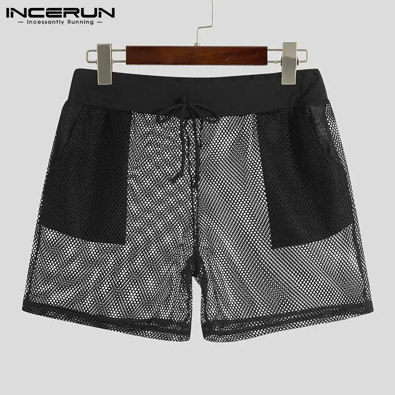 

Sexy Leisure Style New Men Grid Solid Pants See-through Drawstring Elastic Male Casual Breathable Mesh Shorts S-5XL 2021 INCERUN