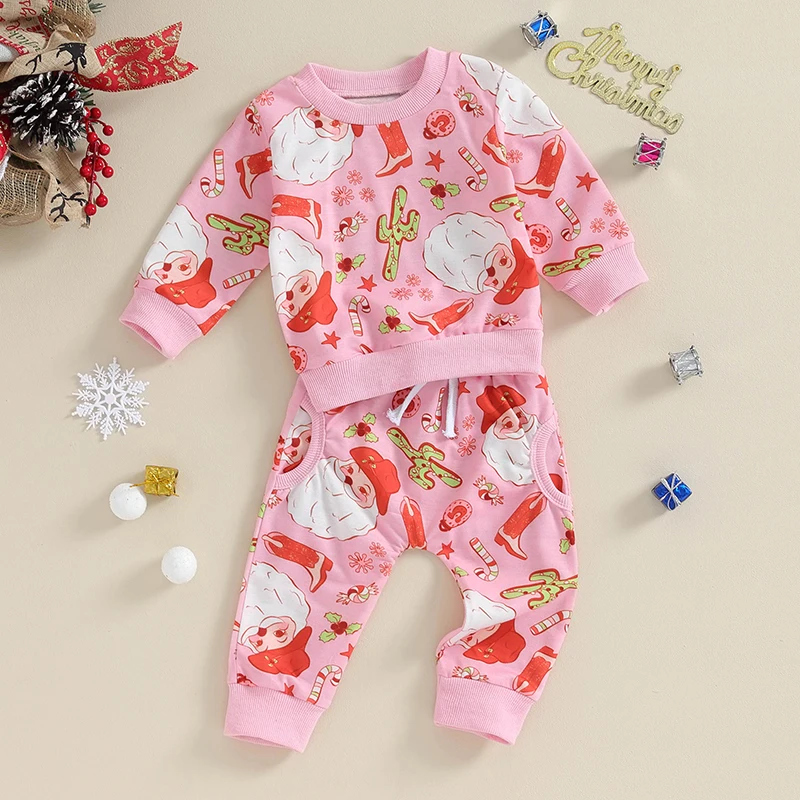 

Baby Girl 2Pcs Christmas Outfits Long Sleeve Santa Wreath Print Tops Pants Set Toddler Clothes