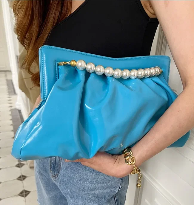 

Clutches Fashion Bag Lady Purses Pearl Design Folds Evening Handbag Envelope Clutch Women Bolsas Banquet Chain Python Ladies