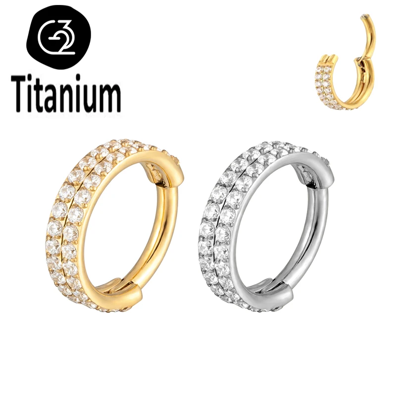 

TIT 1PC G23 Titanium Piercing Double Row Zircon Earrings Nose Rings Body Jewelry Clicker Septum Cartilage Tragus Helix Rings 16G