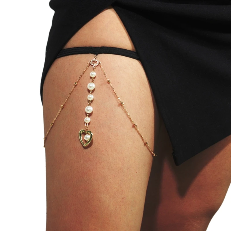 

Delicate Leg Chain Belt with Pearl Heart Pendant Party Thigh Chain for Girl Y1QD