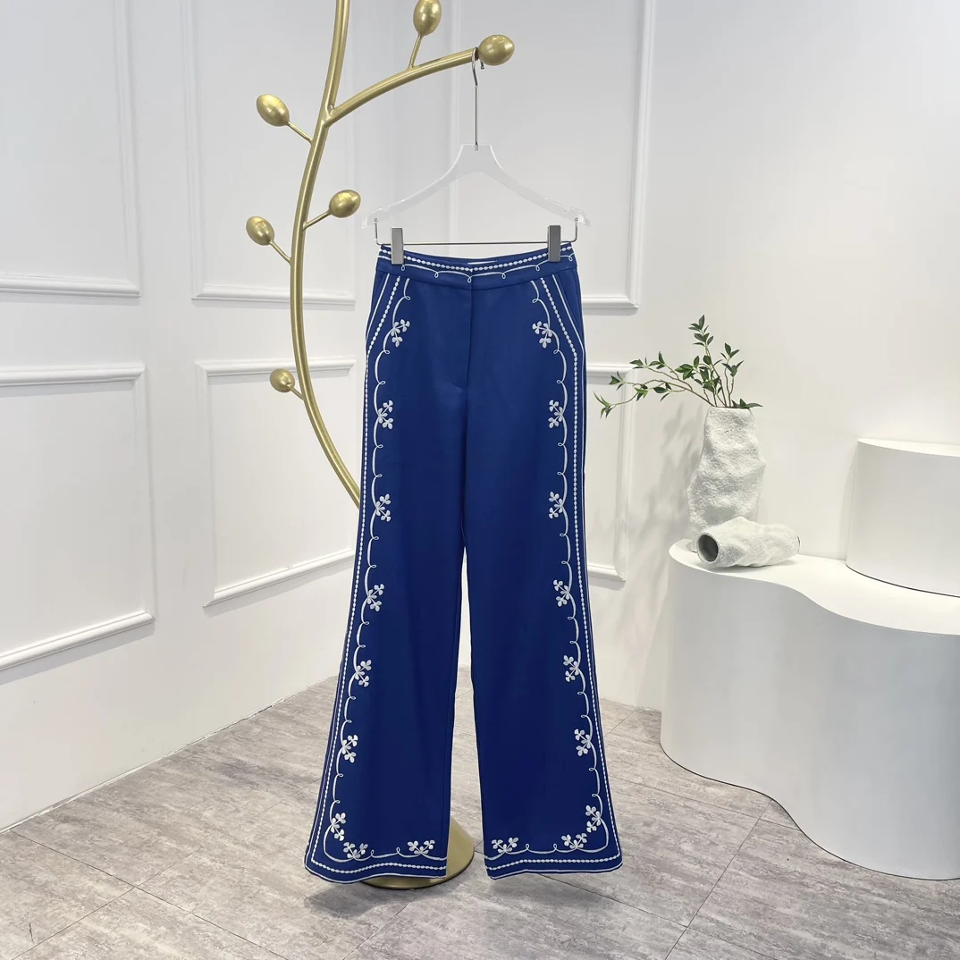 

New High Quality S2023 pring Summer Blue Solid Vintage White Floral Embroidery Commuter Wide Leg Trousers for Woman