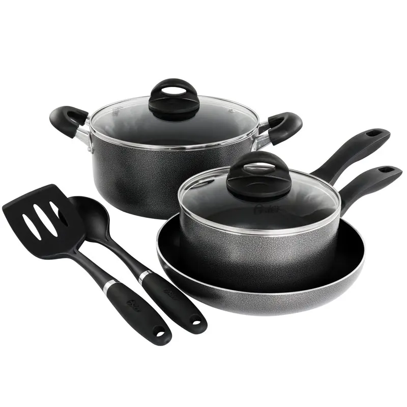 

7 Piece Non Stick Aluminum Cookware Set in Granite Grey