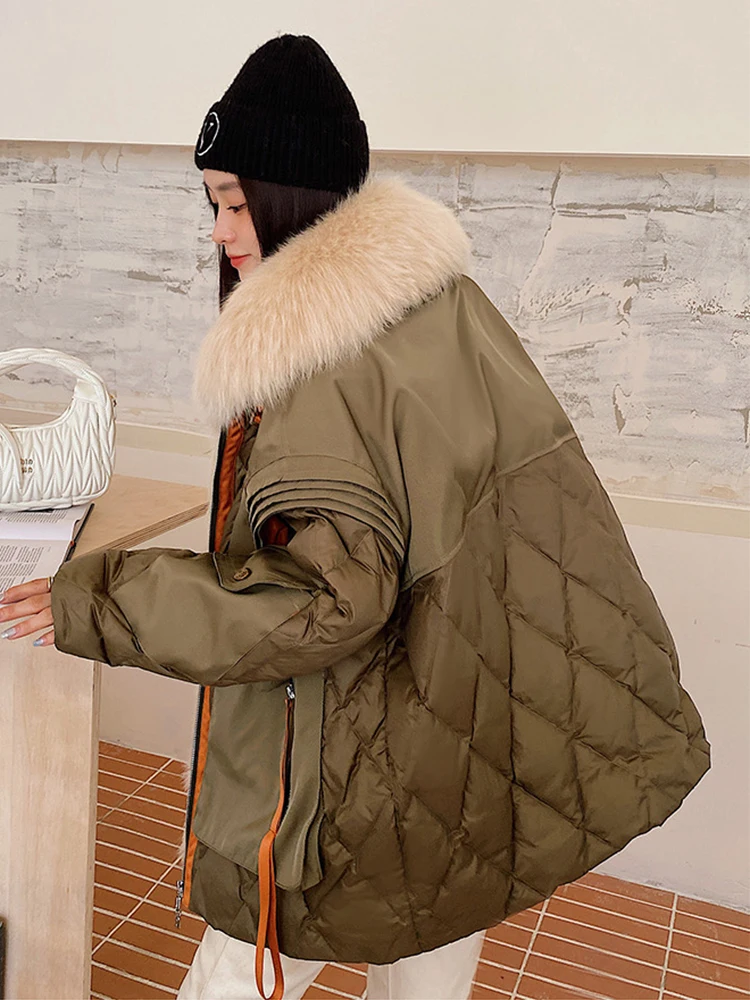 Women Winter Thick Real Fox Fur Collar Goose Down Parka Jacket Oversize Winter Parka Jacket