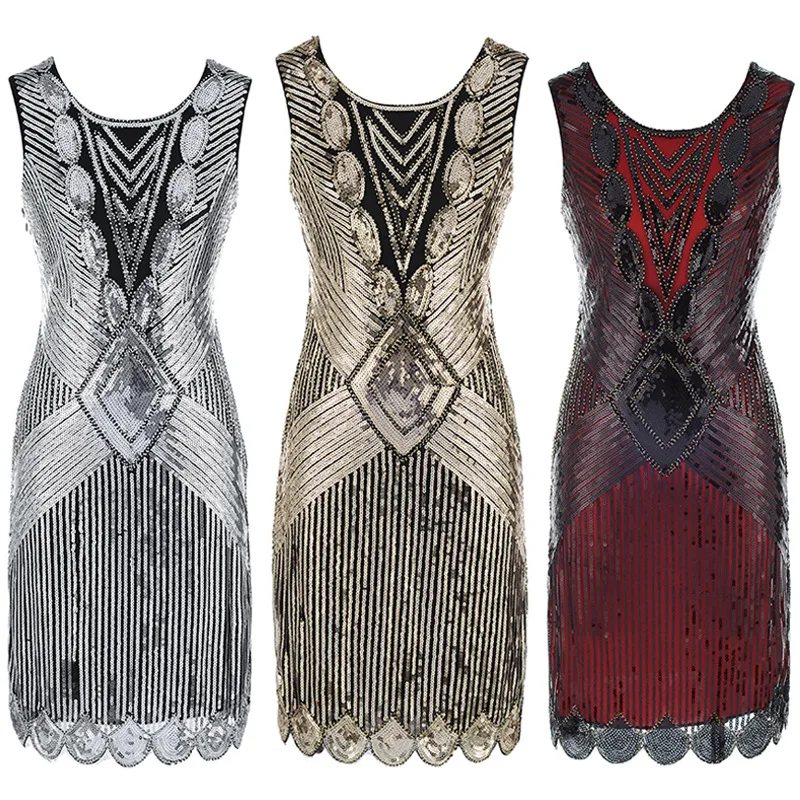 

Mandylandy High-End Performance Dress 1920s Vintage Sequined Evening Dress for Women Sleeveless V-neck Bodycon Midi Party Dress