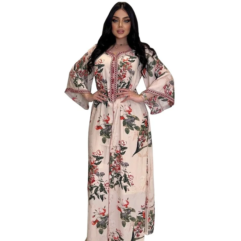 

Floral Jalabiya Arabic Long Dress Women Printed Moroccan Casual Kaftan Muslim Daily Robe Dubai Saudi Gulf Jellaba Abaya 2022