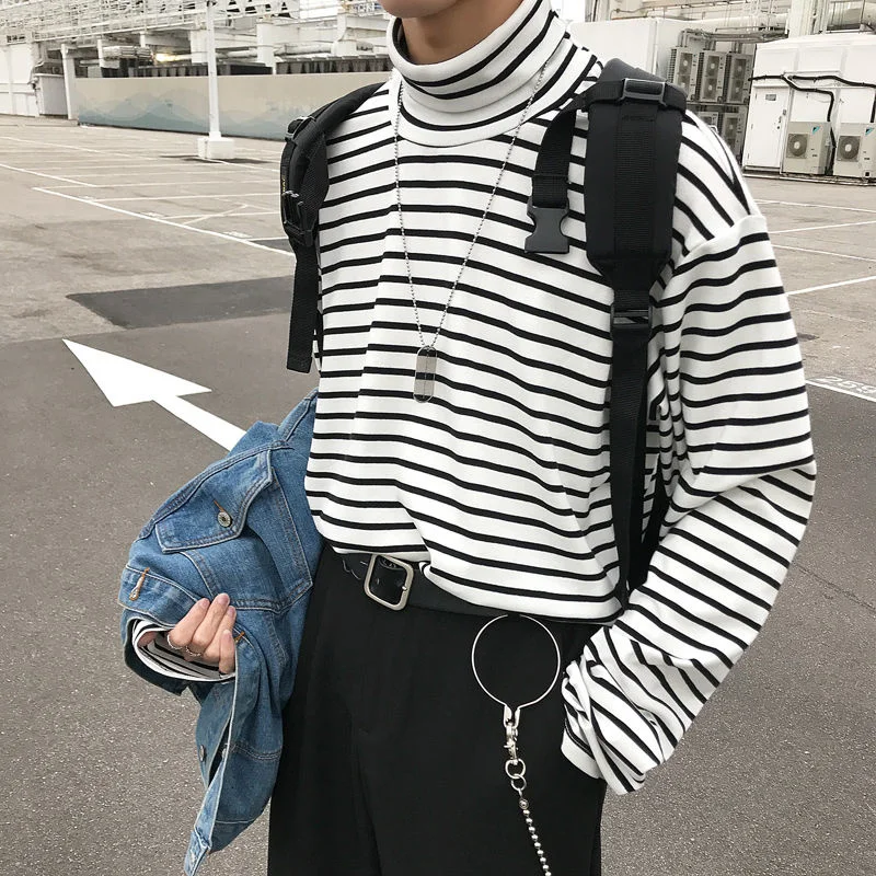 Harajuku Loose Fit Striped Tshirt Men Turtleneck Pocket Oversized T Shirt For Autumn Winter Clothing Camisas Casual Top | Мужская одежда