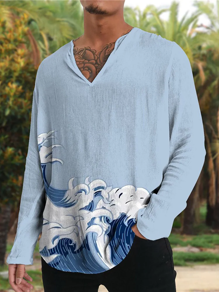 

Spring Autumn Fashion Long Sleeve V Neck Shirt Tops Men Casual Graphic Print Pullover T Shirts 2022 Loose Casual Men Streetwear